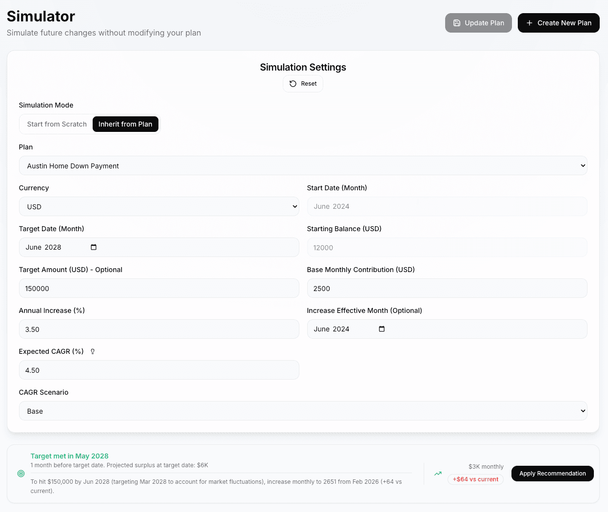 OnTrack financial simulator in light mode allowing users to model future outcomes by adjusting income, expenses, and savings assumptions.